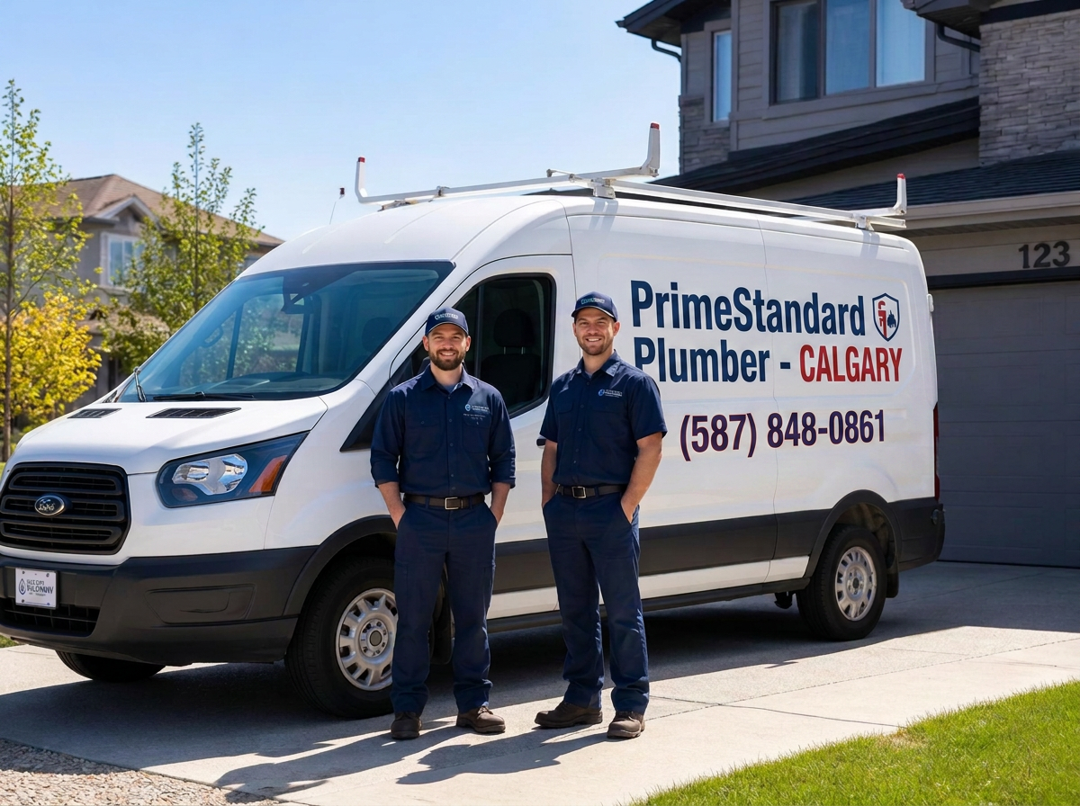 PrimeStandard Plumber - CALGARY service van and technicians at a Calgary home